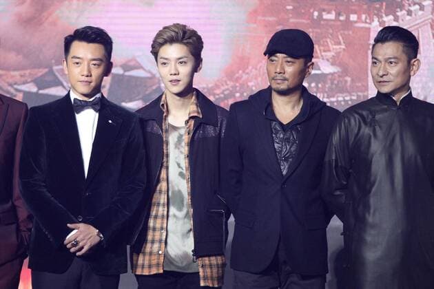 BEIJING, CHINA - DECEMBER 06: (L-R) Actor Zheng Kai, actor and singer Lu Han, actor Zhang Hanyu and actor Andy Lau attend the premiere of director Zhang Yimou s film The Great Wall on December 6, 2016 in Beijing, China.  CFP496624383