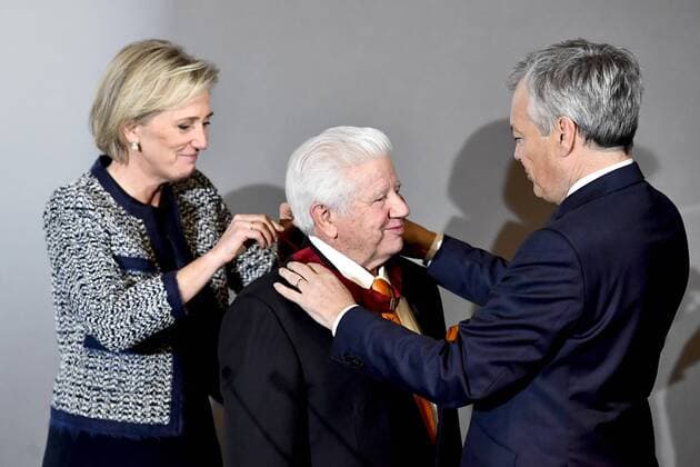 Princess Astrid of Belgium, Lee Roy Mitchell, Founder and Chairman of the Board Cinemark and Vice-Prime Minister and Foreign Minister Didier Reynders pictured during a bestowing of the honorary distinction of Commander in the Order of the Crown pictured during a visit to Cinemark on the fourth day of the economic mission of Belgium s Princess Astrid in Texas, United States, Tuesday 06 December 2016, in Austin.  DIRKxWAEM 04991737
