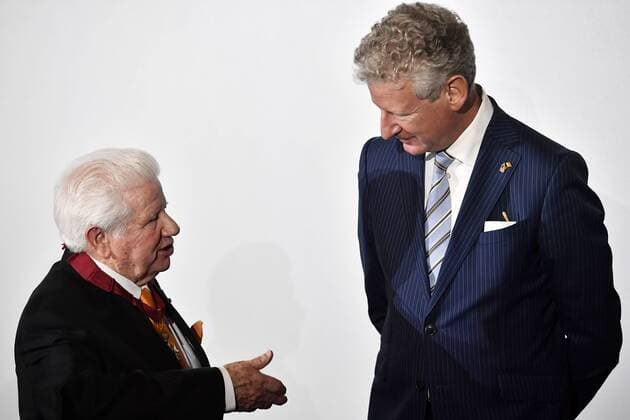 Lee Roy Mitchell, Founder and Chairman of the Board Cinemark and State Secretary for Foreign Trade Pieter De Crem pictured during a visit to Cinemark on the fourth day of the economic mission of Belgium s Princess Astrid in Texas, United States, Tuesday 06 December 2016, in Austin.  DIRKxWAEM 04991771