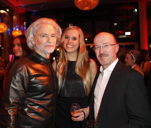 Dr. Hermann Buehlbecker (Alleininhaber LAMBERTZ), Hanna Scholz, Peter Nottmeier bei der LAMBERTZ-Fine Art-Kalenderpraesentation im Rosati Restaurant Koeln.