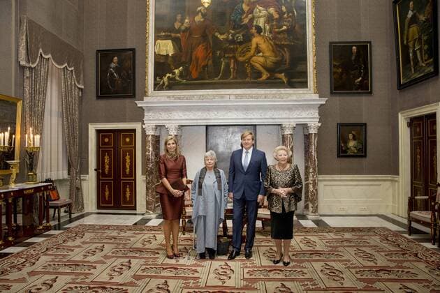 08-12-2016 Amsterdam King Willem-Alexander, with Queen Maxima and Princess Beatrix, during the Erasmusprize ceremony at the Koninklijke paleis in Amsterdam. The King, patron of the Praemium Erasmianum foundation, and the board has awarded the 150.000 euro prize to the British writer Dame Antonia Susan Byatt (1936). This years theme of the Erasmusprijs was ‘Life Writing .  Copyright: ppex