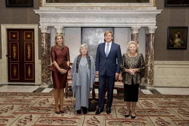 08-12-2016 Amsterdam King Willem-Alexander, with Queen Maxima and Princess Beatrix, during the Erasmusprize ceremony at the Koninklijke paleis in Amsterdam. The King, patron of the Praemium Erasmianum foundation, and the board has awarded the 150.000 euro prize to the British writer Dame Antonia Susan Byatt (1936). This years theme of the Erasmusprijs was ‘Life Writing .  Copyright: ppex