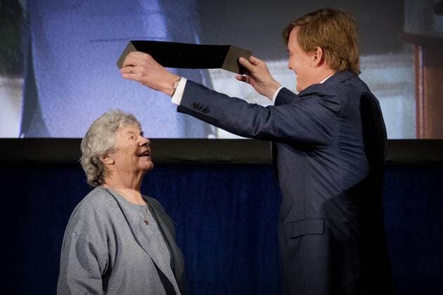 08-12-2016 Amsterdam King Willem-Alexander, with Queen Maxima and Princess Beatrix, during the Erasmusprize ceremony at the Koninklijke paleis in Amsterdam. The King, patron of the Praemium Erasmianum foundation, and the board has awarded the 150.000 euro prize to the British writer Dame Antonia Susan Byatt (1936). This years theme of the Erasmusprijs was ‘Life Writing .  Copyright: ppex