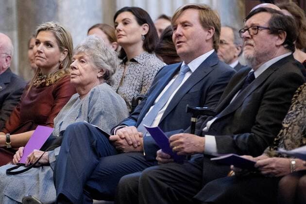 08-12-2016 Amsterdam King Willem-Alexander, with Queen Maxima and Princess Beatrix, during the Erasmusprize ceremony at the Koninklijke paleis in Amsterdam. The King, patron of the Praemium Erasmianum foundation, and the board has awarded the 150.000 euro prize to the British writer Dame Antonia Susan Byatt (1936). This years theme of the Erasmusprijs was ‘Life Writing .  Copyright: ppex