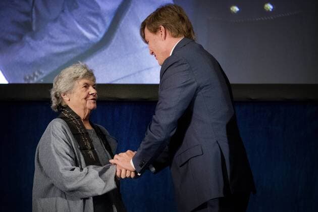 08-12-2016 Amsterdam King Willem-Alexander, with Queen Maxima and Princess Beatrix, during the Erasmusprize ceremony at the Koninklijke paleis in Amsterdam. The King, patron of the Praemium Erasmianum foundation, and the board has awarded the 150.000 euro prize to the British writer Dame Antonia Susan Byatt (1936). This years theme of the Erasmusprijs was ‘Life Writing .  Copyright: ppex