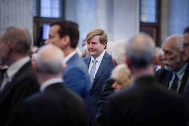 08-12-2016 Amsterdam King Willem-Alexander, with Queen Maxima and Princess Beatrix, during the Erasmusprize ceremony at the Koninklijke paleis in Amsterdam. The King, patron of the Praemium Erasmianum foundation, and the board has awarded the 150.000 euro prize to the British writer Dame Antonia Susan Byatt (1936). This years theme of the Erasmusprijs was ‘Life Writing .  Copyright: ppex