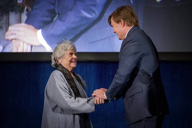 08-12-2016 Amsterdam King Willem-Alexander, with Queen Maxima and Princess Beatrix, during the Erasmusprize ceremony at the Koninklijke paleis in Amsterdam. The King, patron of the Praemium Erasmianum foundation, and the board has awarded the 150.000 euro prize to the British writer Dame Antonia Susan Byatt (1936). This years theme of the Erasmusprijs was ‘Life Writing .  Copyright: ppex