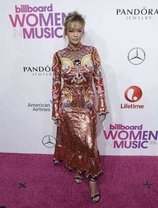 Rita Ora arrives on the red carpet at the Billboard Women in Music 2016 event on December 9, 2016 in New York City.  NYP20161209113 JOHNxANGELILLO