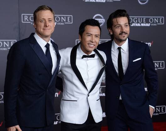 Cast members Alan Tudyk, Donnie Yen and Diego Luna (L-R) attend the premiere of the sci-fi motion picture Rogue One: A Star Wars Story at the Pantages Theatre in the Hollywood section of Los Angeles on December 10, 2016. Storyline: The Rebellion makes a risky move to steal the plans to the Death Star, setting up the epic saga to follow.  LAP2016121008 JIMxRUYMEN