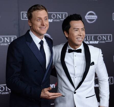Cast members Alan Tudyk (L) and Donnie Yen attend the premiere of the sci-fi motion picture Rogue One: A Star Wars Story at the Pantages Theatre in the Hollywood section of Los Angeles on December 10, 2016. Storyline: The Rebellion makes a risky move to steal the plans to the Death Star, setting up the epic saga to follow.  LAP2016121010 JIMxRUYMEN