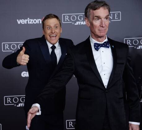 Cast member Alan Tudyk (L) and science educator Bill Nye attend the premiere of the sci-fi motion picture Rogue One: A Star Wars Story at the Pantages Theatre in the Hollywood section of Los Angeles on December 10, 2016. Storyline: The Rebellion makes a risky move to steal the plans to the Death Star, setting up the epic saga to follow.  LAP2016121026 JIMxRUYMEN