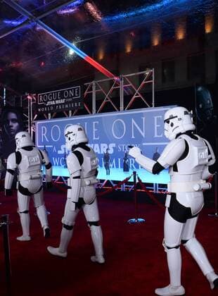 Storm troopers walk the red carpet during the premiere of the sci-fi motion picture Rogue One: A Star Wars Story at the Pantages Theatre in the Hollywood section of Los Angeles on December 10, 2016. Storyline: The Rebellion makes a risky move to steal the plans to the Death Star, setting up the epic saga to follow.  LAP2016121082 JIMxRUYMEN