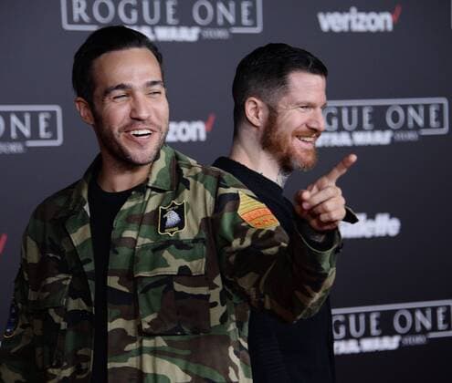 Musicians Pete Wentz (L) and Andy Hurley attend the premiere of the sci-fi motion picture Rogue One: A Star Wars Story at the Pantages Theatre in the Hollywood section of Los Angeles on December 10, 2016. Storyline: The Rebellion makes a risky move to steal the plans to the Death Star, setting up the epic saga to follow.  LAP2016121083 JIMxRUYMEN
