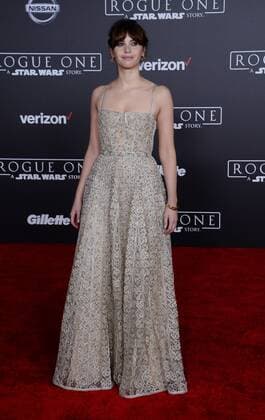 Cast member Felicity Jones attends the premiere of the sci-fi motion picture Rogue One: A Star Wars Story at the Pantages Theatre in the Hollywood section of Los Angeles on December 10, 2016. Storyline: The Rebellion makes a risky move to steal the plans to the Death Star, setting up the epic saga to follow.  LAP2016121072 JIMxRUYMEN