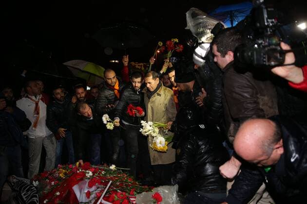 Galatasaray President Dursun Ozbek and a lot of different team supporters visit the blast site outside the Besiktas FC s Vodafone Arena Stadium in Istanbul, December 12, 2016, Turkey. At least 44 people were killed and 160 other wounded in twin explosions outside Vodafone Arena Stadium and in nearby Macka Park a few hours after the night s soccer match on 10 December. The bombs apparently targeted police officers who were securing the match. The Kurdish nationalist group Kurdistan Freedom Hawks (TAK), which seeks an independent Kurdish state in eastern and southeastern Turkey, claimed responsibility for the attack, according to published reports. 
