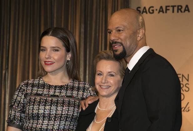 December 14, 2016 - West Hollywood, California, U.S - Sophia Bush, SAG-AFTRA president Gabrielle Carteris and Common at the 23rd Annual Screen Actors Guild Awards Nominations announcement at the Pacific Design Center on Wednesday, December 14, 2016 in West Hollywood, California. West Hollywood U.S. - ZUMAp124 20161214_zaa_p124_015