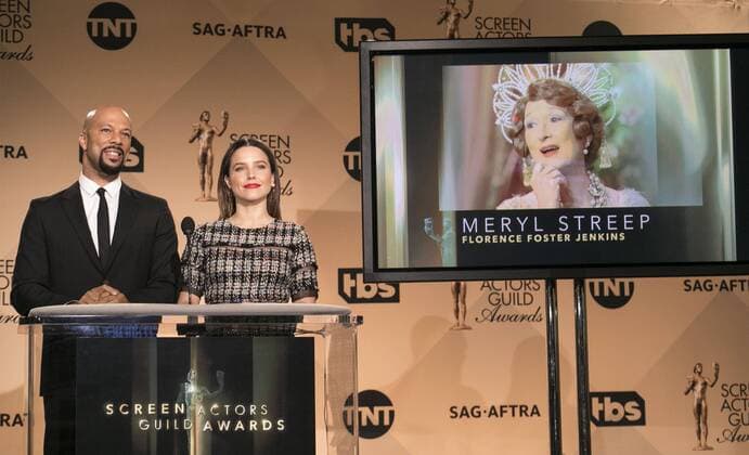 December 14, 2016 - West Hollywood, California, U.S - Common and Sophia Bush at the 23rd Annual Screen Actors Guild Awards Nominations announcement at the Pacific Design Center on Wednesday, December 14, 2016 in West Hollywood, California. Outstanding Performance by a Female Actor in a Leading Role, MERYL STREEP Florence Foster Jenkins Ã¢â‚¬ FLORENCE FOSTER JENKINSÃ West Hollywood U.S. - ZUMAp124 20161214_zaa_p124_025