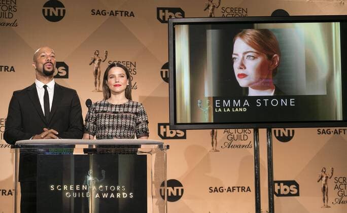 December 14, 2016 - West Hollywood, California, U.S - Common and Sophia Bush at the 23rd Annual Screen Actors Guild Awards Nominations announcement at the Pacific Design Center on Wednesday, December 14, 2016 in West Hollywood, California. Outstanding Performance by a Female Actor in a Leading Role, EMMA STONE Mia Ã¢â‚¬ LA LA LANDÃ West Hollywood U.S. - ZUMAp124 20161214_zaa_p124_033