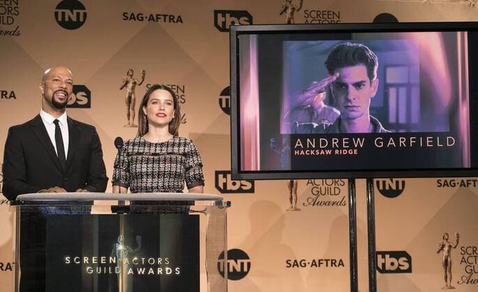 December 14, 2016 - West Hollywood, California, U.S - Common and Sophia Bush at the 23rd Annual Screen Actors Guild Awards Nominations announcement at the Pacific Design Center on Wednesday, December 14, 2016 in West Hollywood, California. Outstanding Performance by a Male Actor in a Leading Role, ANDREW GARFIELD Desmond Doss Ã¢â‚¬ HACKSAW RIDGEÃ West Hollywood U.S. - ZUMAp124 20161214_zaa_p124_036