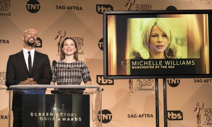 December 14, 2016 - West Hollywood, California, U.S - Common and Sophia Bush at the 23rd Annual Screen Actors Guild Awards Nominations announcement at the Pacific Design Center on Wednesday, December 14, 2016 in West Hollywood, California. Outstanding Performance by a Female Actor in a Supporting Role, MICHELLE WILLIAMS Randi Chandler Ã¢â‚¬ MANCHESTER BY THE SEAÃ West Hollywood U.S. - ZUMAp124 20161214_zaa_p124_037