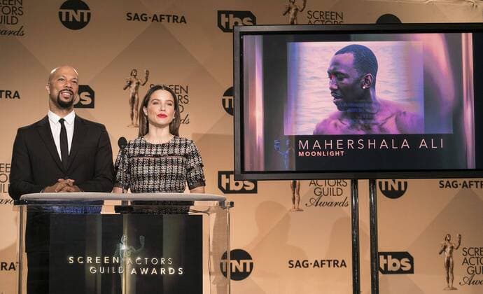 December 14, 2016 - West Hollywood, California, U.S - Common and Sophia Bush at the 23rd Annual Screen Actors Guild Awards Nominations announcement at the Pacific Design Center on Wednesday, December 14, 2016 in West Hollywood, California. Outstanding Performance by a Male Actor in a Supporting Role, MAHERSHALA ALI Juan Ã¢â‚¬ MOONLIGHTÃ West Hollywood U.S. - ZUMAp124 20161214_zaa_p124_040