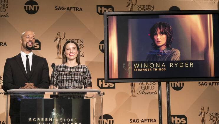 December 14, 2016 - West Hollywood, California, U.S - Common and Sophia Bush at the 23rd Annual Screen Actors Guild Awards Nominations announcement at the Pacific Design Center on Wednesday, December 14, 2016 in West Hollywood, California. Outstanding Performance by a Female Actor in a Drama Series, WINONA RYDER Joyce Byers Ã¢â‚¬ STRANGER THINGSÃ West Hollywood U.S. - ZUMAp124 20161214_zaa_p124_042