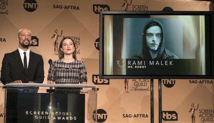 December 14, 2016 - West Hollywood, California, U.S - Common and Sophia Bush at the 23rd Annual Screen Actors Guild Awards Nominations announcement at the Pacific Design Center on Wednesday, December 14, 2016 in West Hollywood, California. Outstanding Performance by a Male Actor in a Drama Series, RAMI MALEK Elliot Alderson Ã¢â‚¬ MR. ROBOTÃ West Hollywood U.S. - ZUMAp124 20161214_zaa_p124_043