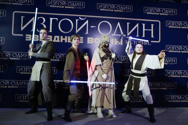MOSCOW, RUSSIA - DECEMBER 14, 2016: Actors dressed as film characters pose for a photograph at the Moscow premiere of Rogue One: A Star War Story, a film by Gareth Edwards, in Moscow s Tesla 4000 multi-format workspace. Vyacheslav Prokofyev TASS  TS03AF9A