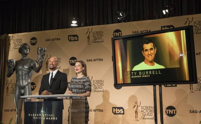 December 14, 2016 - West Hollywood, California, U.S - Common and Sophia Bush at the 23rd Annual Screen Actors Guild Awards Nominations announcement at the Pacific Design Center on Wednesday, December 14, 2016 in West Hollywood, California. Outstanding Performance by a Male Actor in a Comedy Series, TY BURRELL Phil Dunphy Ã¢â‚¬ MODERN FAMILYÃ West Hollywood U.S. - ZUMAp124 20161214_zaa_p124_064