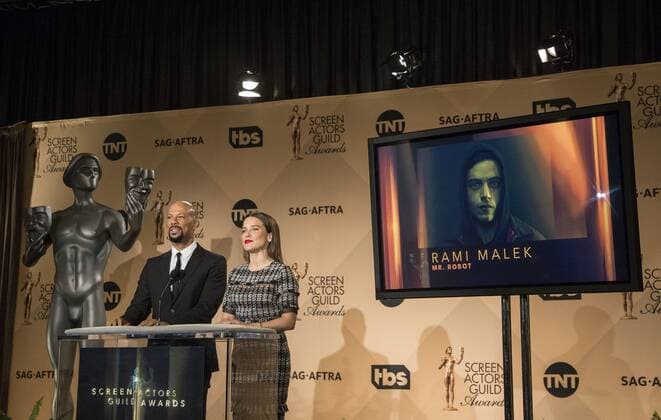 December 14, 2016 - West Hollywood, California, U.S - Common and Sophia Bush at the 23rd Annual Screen Actors Guild Awards Nominations announcement at the Pacific Design Center on Wednesday, December 14, 2016 in West Hollywood, California. Outstanding Performance by a Male Actor in a Drama Series, RAMI MALEK Elliot Alderson Ã¢â‚¬ MR. ROBOTÃ West Hollywood U.S. - ZUMAp124 20161214_zaa_p124_077