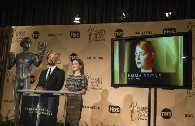 December 14, 2016 - West Hollywood, California, U.S - Common and Sophia Bush at the 23rd Annual Screen Actors Guild Awards Nominations announcement at the Pacific Design Center on Wednesday, December 14, 2016 in West Hollywood, California. Outstanding Performance by a Female Actor in a Leading Role, EMMA STONE Mia Ã¢â‚¬ LA LA LANDÃ West Hollywood U.S. - ZUMAp124 20161214_zaa_p124_081