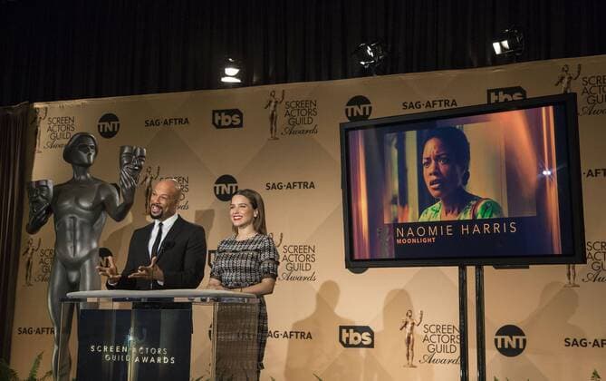December 14, 2016 - West Hollywood, California, U.S - Common and Sophia Bush at the 23rd Annual Screen Actors Guild Awards Nominations announcement at the Pacific Design Center on Wednesday, December 14, 2016 in West Hollywood, California. Outstanding Performance by a Female Actor in a Supporting Role, NAOMIE HARRIS Paula Ã¢â‚¬ MOONLIGHTÃ West Hollywood U.S. - ZUMAp124 20161214_zaa_p124_086