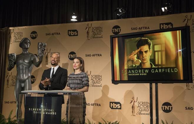 December 14, 2016 - West Hollywood, California, U.S - Common and Sophia Bush at the 23rd Annual Screen Actors Guild Awards Nominations announcement at the Pacific Design Center on Wednesday, December 14, 2016 in West Hollywood, California. Outstanding Performance by a Male Actor in a Leading Role, ANDREW GARFIELD Desmond Doss Ã¢â‚¬ HACKSAW RIDGEÃ West Hollywood U.S. - ZUMAp124 20161214_zaa_p124_087