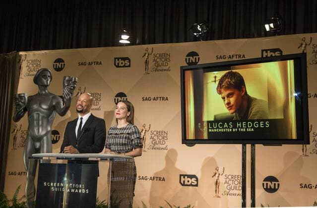 December 14, 2016 - West Hollywood, California, U.S - Common and Sophia Bush at the 23rd Annual Screen Actors Guild Awards Nominations announcement at the Pacific Design Center on Wednesday, December 14, 2016 in West Hollywood, California. Outstanding Performance by a Male Actor in a Supporting Role, LUCAS HEDGES Patrick Chandler Ã¢â‚¬ MANCHESTER BY THE SEAÃ West Hollywood U.S. - ZUMAp124 20161214_zaa_p124_089
