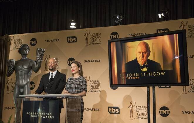 December 14, 2016 - West Hollywood, California, U.S - Common and Sophia Bush at the 23rd Annual Screen Actors Guild Awards Nominations announcement at the Pacific Design Center on Wednesday, December 14, 2016 in West Hollywood, California. Outstanding Performance by a Male Actor in a Drama Series, JOHN LITHGOW Winston Churchill Ã¢â‚¬ THE CROWNÃ West Hollywood U.S. - ZUMAp124 20161214_zaa_p124_092