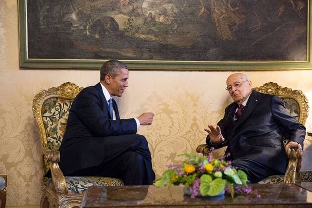 March 27, 2014 - Rome, Italy - US President Barack Obama meets with Italian President Giorgio Napolitano at Quirinale Palace March 27, 2014 Rome, Italy. Barack Hussein Obama II (born August 4, 1961) is the 44th President of the United States. He is the first African American to be elected to office and the first president born outside the contiguous United States. Born in Honolulu, Hawaii, Obama is a graduate of Columbia University and Harvard Law School. He worked as a civil rights attorney and taught constitutional law at the University of Chicago Law School from 1992 to 2004. While serving three terms representing the 13th District in the Illinois Senate from 1997 to 2004, he ran unsuccessfully in the Democratic primary for the United States House of Representatives in 2000. Rome Italy - ZUMAz03_ 20140327_shx_z03_868