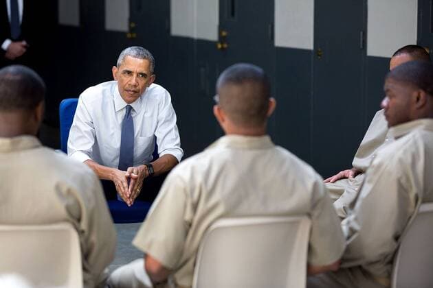 July 16, 2015 - El Reno, United States of America - U.S. President Barack Obama meets with a group of inmates at El Reno Federal Correctional Institution July 16, 2015 in El Reno, Oklahoma. Obama s trip was the first visit by a sitting President to a federal prison. . Barack Hussein Obama II (born August 4, 1961) is the 44th President of the United States. He is the first African American to be elected to office and the first president born outside the contiguous United States. Born in Honolulu, Hawaii, Obama is a graduate of Columbia University and Harvard Law School. He worked as a civil rights attorney and taught constitutional law at the University of Chicago Law School from 1992 to 2004. While serving three terms representing the 13th District in the Illinois Senate from 1997 to 2004, he ran unsuccessfully in the Democratic primary for the United States House of Representatives in 2 - ZUMAz03_ 20150716_shx_z03_545