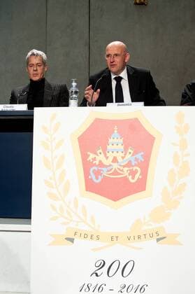 NO FRANCE - NO SWITZERLAND: December 16 2016 : Domenico Giani speaks during the press Conference for the Benefit concert presentation Avrai the concert will be held on the occasion of the Bicentennial of the Vatican Gendarmerie, and will be executed by the artist Claudio Baglioni to help two important projects: a children s hospital in Bangui, Central African Republic, and the victims of the earthquake in central Italy, at the Press Room of the Holy See in the Vatican.  Â©M.xMIGLIORATO CPPx xIPA