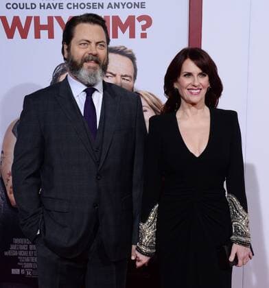 Cast member Megan Mullally and her husband, actor Nick Offerman attend the premiere of the motion picture comedy Why Him? at the Regency Bruin Theater in the Westwood section of Los Angeles on December 17, 2016. Storyline: A dad forms a bitter rivalry with his daughter s young rich boyfriend.  LAP2016121729 JIMxRUYMEN