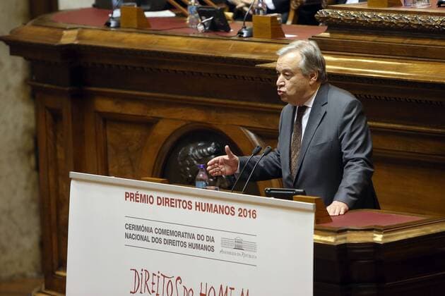 December 23, 2016 - Lisbon, Portugal - Newly sworn-in Secretary General of the United Nations Antonio Guterres delivers a speech during a ceremony to award Guterres with a human rights award at the Parliament in Lisbon, Portugal, on December 23 2016. This year s award was given to Antonio Guterres, Secretary-General of the United Nations, for his work in the defense of human rights, especially in the discharge of the duties of United Nations High Commissioner for Refugees (UNHCR). This Prize is awarded annually by the President of the Assembly of the Republic, after hearing the Conference of Leaders, on the proposal of the jury constituted by the Committee on Constitutional Affairs, Rights, Freedoms and Guarantees. Photo: . Lisbon Portugal - ZUMAf123 26648320sp