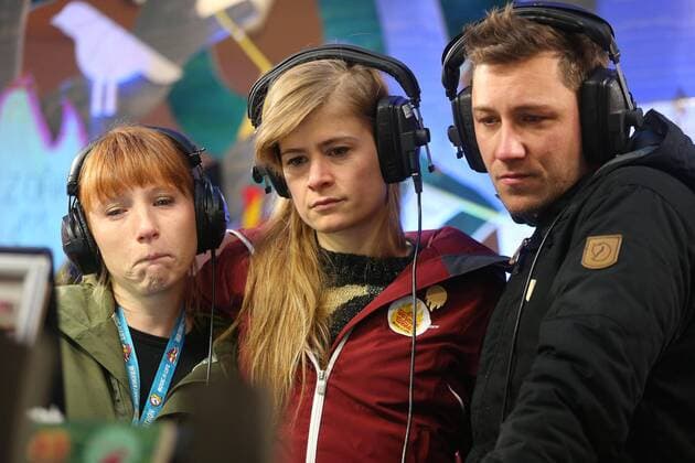 Radio presenter Linde Merckpoel, Eva De Roo and Bram Willems pictured during the closing event of the 2016 edition (the 11th edition) of the Music For Life campaign, organized by Flemish VRT radio station Studio Brussels, Saturday 24 December 2016, in Boom.  NICOLASxMAETERLINCK 05005995