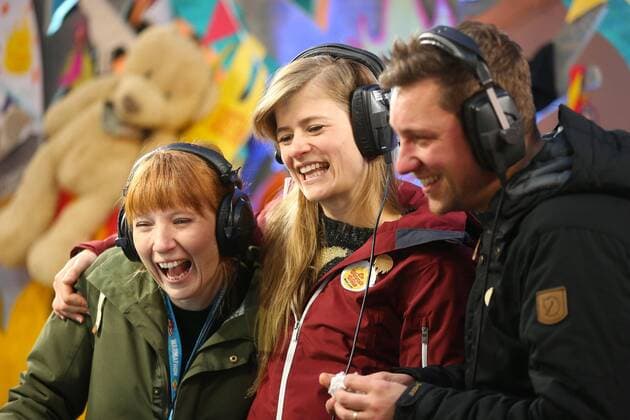 Radio presenter Linde Merckpoel, Eva De Roo and Bram Willems pictured during the closing event of the 2016 edition (the 11th edition) of the Music For Life campaign, organized by Flemish VRT radio station Studio Brussels, Saturday 24 December 2016, in Boom.  NICOLASxMAETERLINCK 05005997