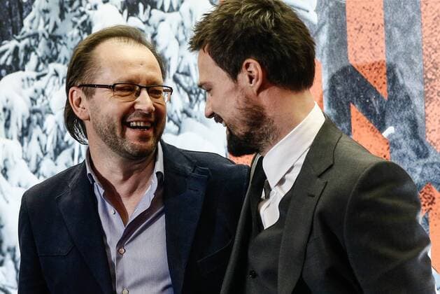 MOSCOW, RUSSIA - DECEMBER 27, 2016: Director Andrei Kravchuk (L), and actor Danila Kozlovsky, who stars as grand prince of Kiev Vladimir Svyatoslavich, at the Moscow premiere of the film Viking directed by Andrei Kravchuk, at the Oktyabr Cinema. Alexander Shcherbak TASS  TS03CEA6