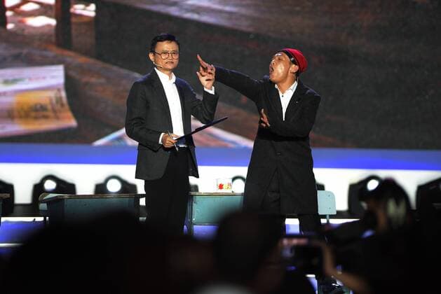 SANYA, Jan. 5, 2017 -- Jack Ma (L) performs a short play during the awarding ceremony of the Jack Ma Rural Teachers Award in Sanya, a tourism resort in south China s Hainan Province, on Jan. 5, 2017. The event was held on Thursday, with 100 rural teachers winning the award of 100,000 yuan (14,522 U.S. dollars) respectively. ) (wf) CHINA-SANYA-JACK MA-RURAL TEACHERS AWARD (CN) YangxGuanyu 