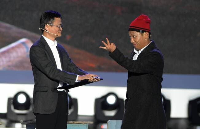 SANYA, Jan. 5, 2017 -- Jack Ma (L) performs a short play during the awarding ceremony of the Jack Ma Rural Teachers Award in Sanya, a tourism resort in south China s Hainan Province, on Jan. 5, 2017. The event was held on Thursday, with 100 rural teachers winning the award of 100,000 yuan (14,522 U.S. dollars) respectively. ) (wf) CHINA-SANYA-JACK MA-RURAL TEACHERS AWARD (CN) YangxGuanyu 