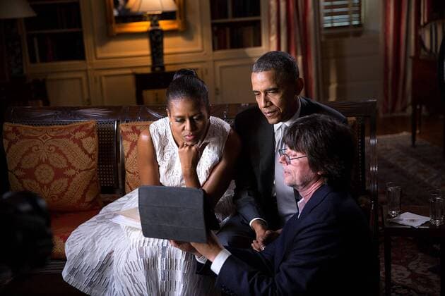 July 3, 2014 - Washington, DC, United States of America - US President Barack Obama and First Lady Michelle Obama participate in an interview with Ken Burns for a PBS documentary about Jackie Robinson in the White House Library July 3, 2014 in Washington, DC. Barack Hussein Obama II (born August 4, 1961) is the 44th President of the United States. He is the first African American to be elected to office and the first president born outside the contiguous United States. Born in Honolulu, Hawaii, Obama is a graduate of Columbia University and Harvard Law School. He worked as a civil rights attorney and taught constitutional law at the University of Chicago Law School from 1992 to 2004. While serving three terms representing the 13th District in the Illinois Senate from 1997 to 2004, he ran unsuccessfully in the Democratic primary for the United States House of Representatives in 2000. Wa - ZUMAz03_ 20140703_shj_z03_951