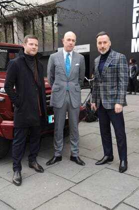 English TV presenter Dermot O Leary, Dylan Thomas, and Elton John s husband David Furnish attending a London Fashion Week Men s Show on The Strand. JANUARY 6th 2017  TSTx1716