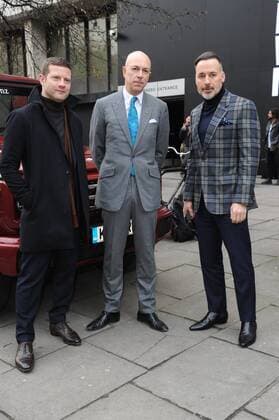 English TV presenter Dermot O Leary, Dylan Thomas, and Elton John s husband David Furnish attending a London Fashion Week Men s Show on The Strand. JANUARY 6th 2017  TSTx1716