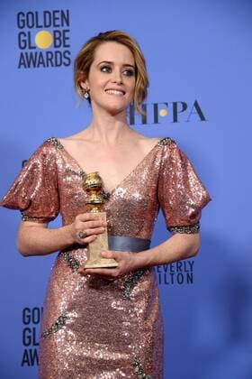 Claire Foy winner of the award for Best Performance by an Actress in a Television Series - Drama for The Crown appears backstage during the 74th annual Golden Globe Awards at the Beverly Hilton Hotel in Beverly Hills, California on January 8, 2017.  LAP20170108419 JIMxRUYMEN