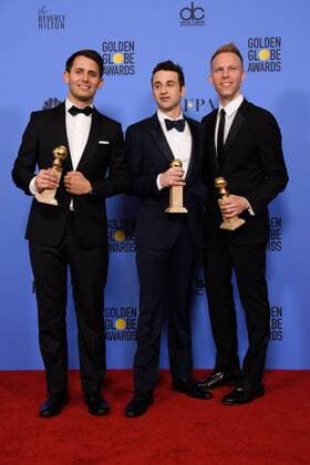 Jan 8, 2017 - Beverly Hills, California, U.S - After winning the category of BEST ORIGINAL SONG MOTION PICTURE for City of Stars for La La Land - music by: Justin Hurwitz; lyrics by: Benj Pasek, Justin Paul - pose with the award backstage in the press room at the 74th Annual Golden Globe Awards at the Beverly Hilton in Beverly Hills, CA on Sunday, January 8, 2017. Beverly Hills U.S - ZUMAz03_ 20170108_sha_z03_481